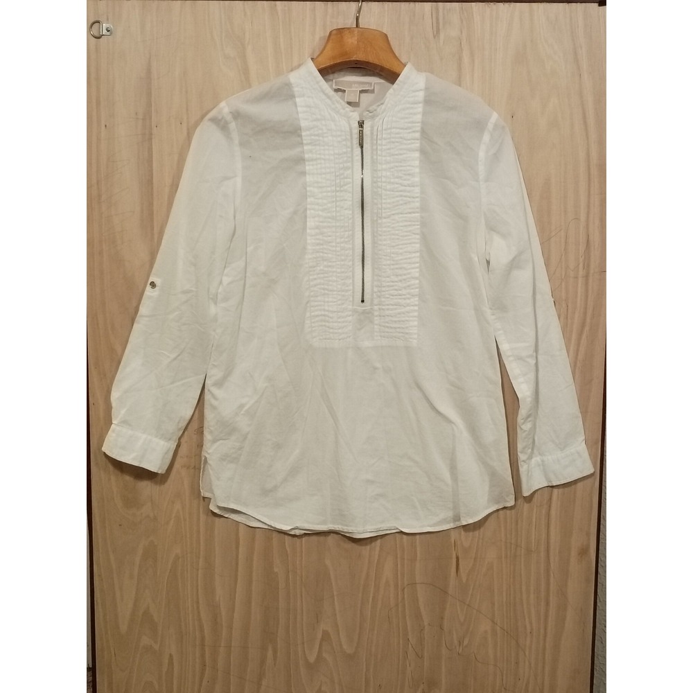 Michael Kors White Pleated Tunic Top Gold Tone Half Zip Neckline Size‎ 10